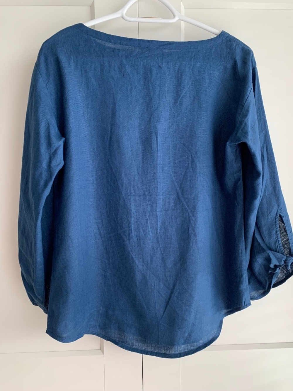 Eileen Fisher Blue Organic Linen Bateau Neck Boxy 3/4 Sleeve Top XXS - Picture 3 of 10